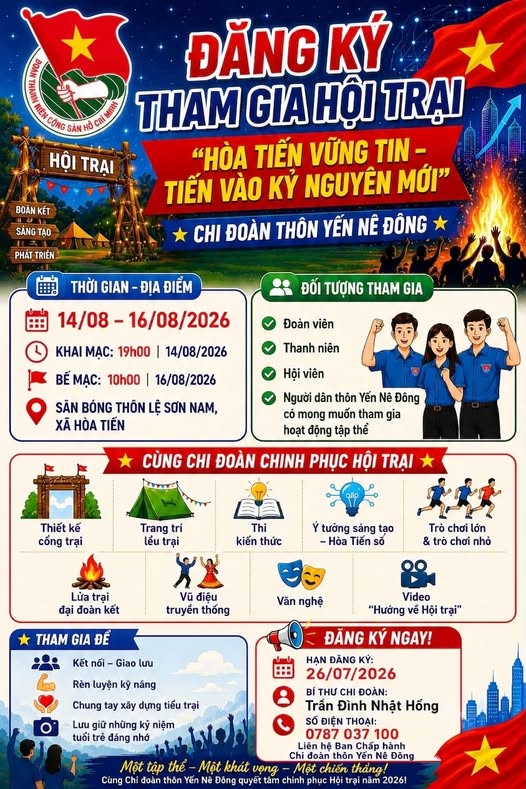 Đăng ký tham gia Hội trại Chi đoàn thôn Yến Nê Đông 2026